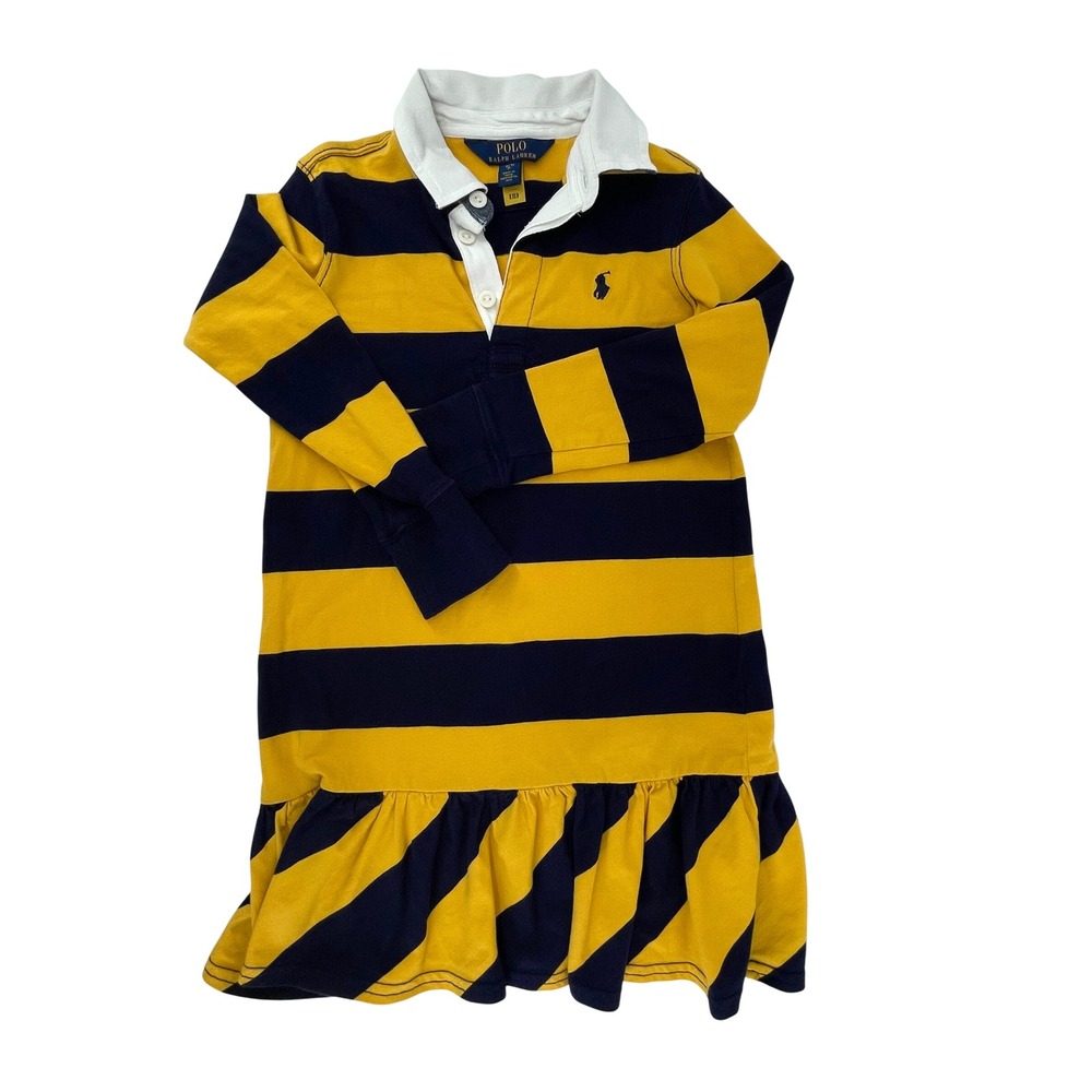 Polo Ralph Lauren Girls Yellow Navy Blue Striped Rugby Ruffle Dress Size S 7